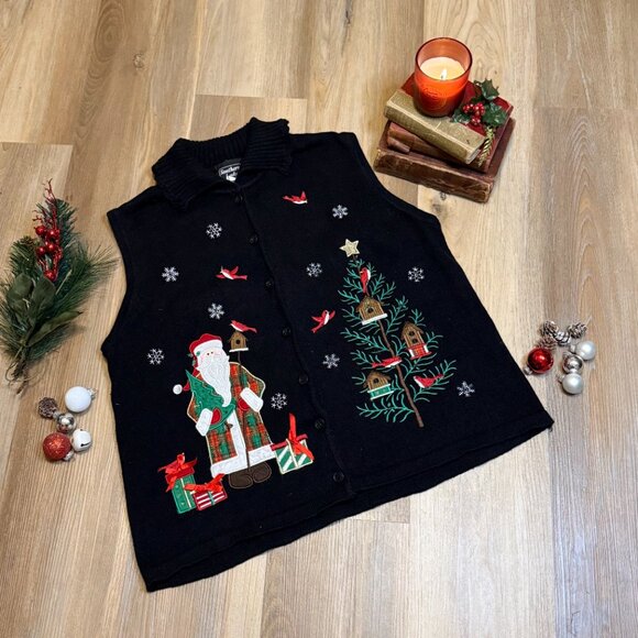Vintage 90s Southern Lady Embroidered Button Front Ugly Christmas Sweater Vest - Picture 2 of 12